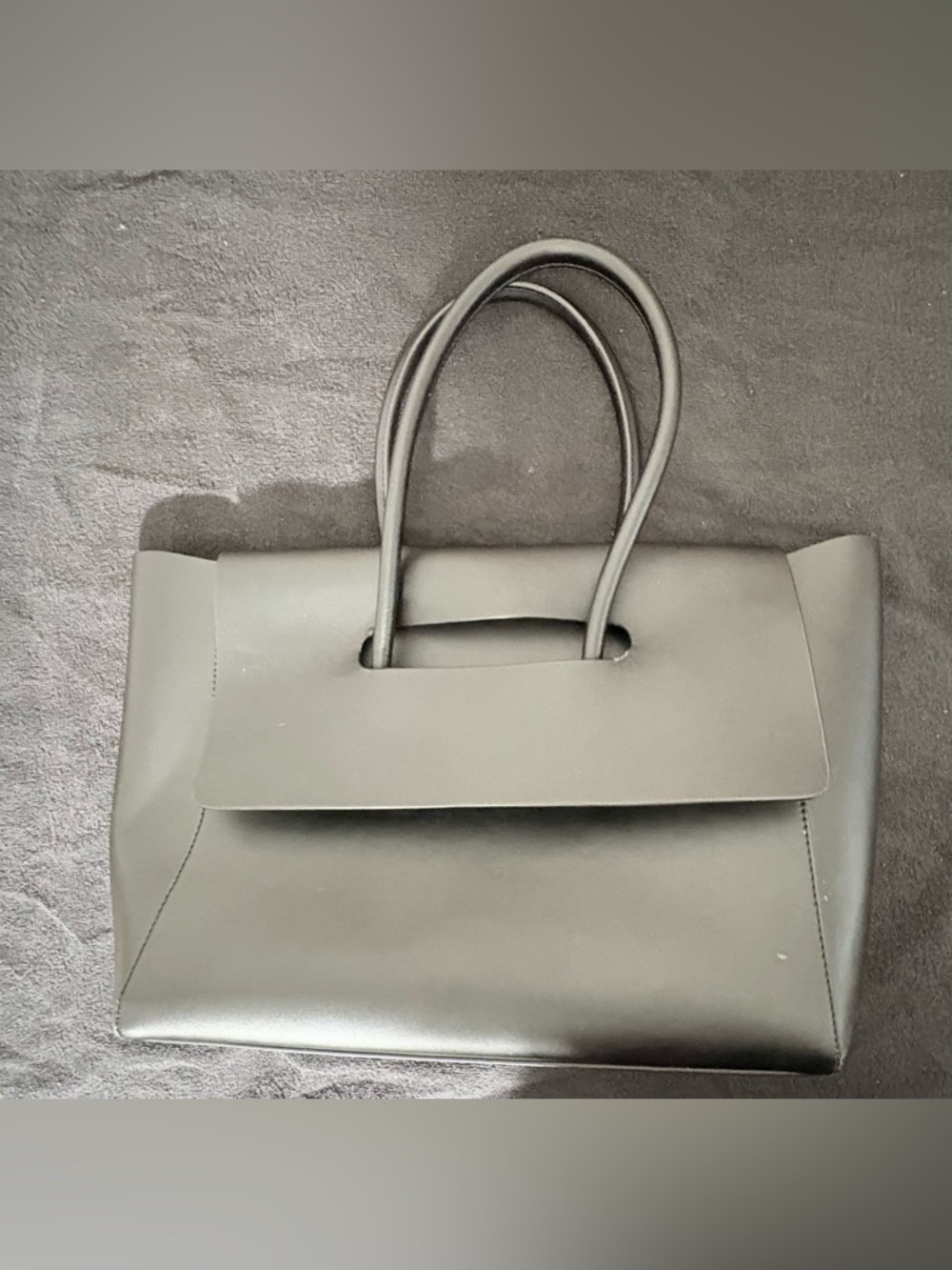 Structured Black Leather Tote with Top Handle Cut-Out